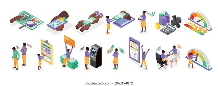 Credit score isometric set with banking icons and people taking out loan 3d isolated vector illustration