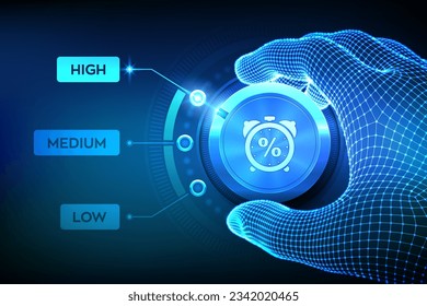 Credit score knob button. Increasing credit or mortgage loans rating business concept. Wireframe hand setting a credit level knob button on highest position. Vector illustration.