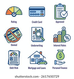 Credit Score and Loans Icon Set with Approved Credit Underwriting Interest Rates Debt and Mortgage Refinance