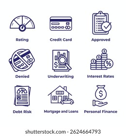 Credit Score and Loans Icon Set with Approved Credit Underwriting Interest Rates Debt and Mortgage Refinance