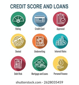 Credit Score and Loans Icon Set with Approved Credit Underwriting Interest Rates Debt and Mortgage Refinance