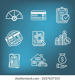 Credit Score and Loans Icon Set with Approved Credit Underwriting Interest Rates Debt and Mortgage Refinance