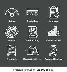 Credit Score and Loans Icon Set with Approved Credit Underwriting Interest Rates Debt and Mortgage Refinance