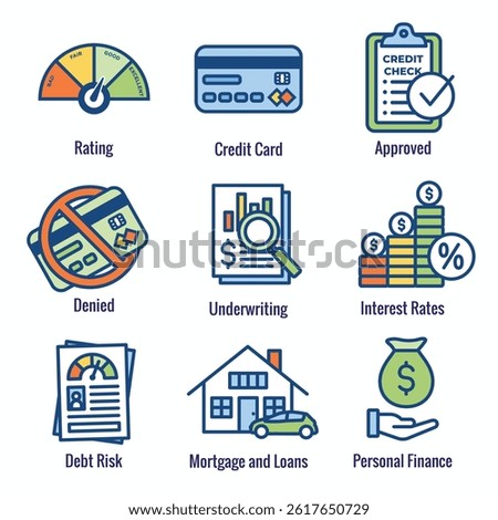 Credit Score and Loans Icon Set with Approved Credit Underwriting Interest Rates Debt and Mortgage Refinance