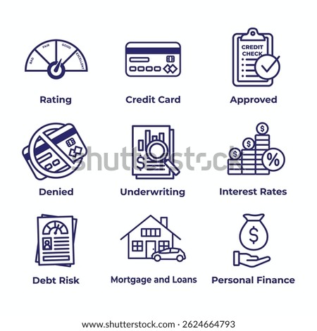 Credit Score and Loans Icon Set with Approved Credit Underwriting Interest Rates Debt and Mortgage Refinance