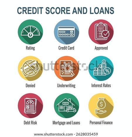 Credit Score and Loans Icon Set with Approved Credit Underwriting Interest Rates Debt and Mortgage Refinance