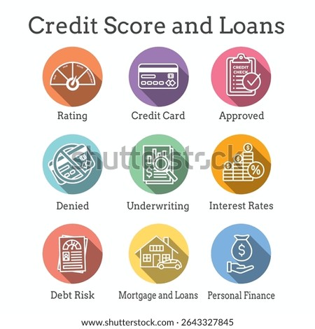 Credit Score and Loans Icon Set with Approved Credit Underwriting Interest Rates Debt and Mortgage Refinance