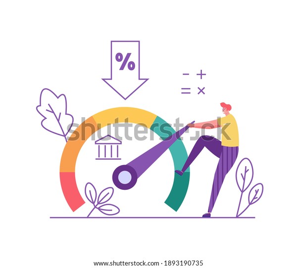 Credit Score. Man Increasing Credit Rating for Low\
Rates. Interest Rates Dropping. Client Decrease Percent. Concept of\
Credit Report, Banking Service, Mortgage Loan. Vector illustration\
for Web Design