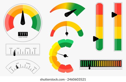 Credit score meter collection. Set of indicator credit score icons. Gauge meter collection