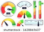 Credit score meter. Credits rating measure, poor or good scores vector illustration set. Ranking scales or gauges with pointers, positive or negative experience evaluation, feedback, measurement.