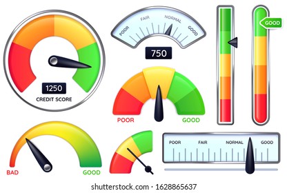 Credit score meter. Credits rating measure, poor or good scores vector illustration set. Ranking scales or gauges with pointers, positive or negative experience evaluation, feedback, measurement.