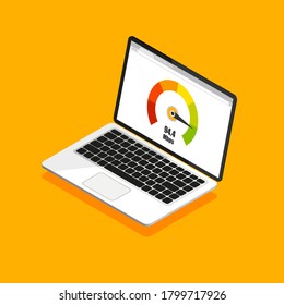 Credit score meter. Isometric design of laptop with speed test on a screen. Isolated vector illustration.