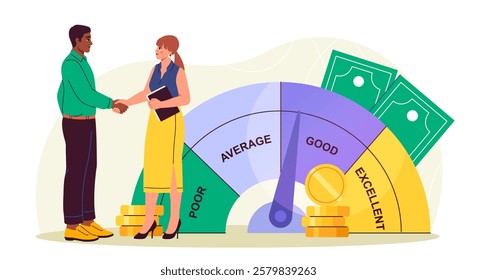 Credit score meter. Man and woman near credit indicator. Excellent, good, average or poor rating in bank. Debt, credit and mortgage. Banking deal. Flat vector illustration