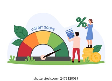Medidor de puntaje de crédito, calificación e historial financiero del consumidor para hipoteca bancaria, medición de riesgo. Las personas pequeñas con el velocímetro y la calculadora calculan el porcentaje del préstamo de la Ilustración vectorial de dibujos animados