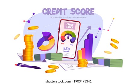 Credit score mobile application with rating scale from bad to good rate. Vector banner with cartoon illustration with loan meter on smartphone screen, graph and money