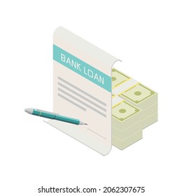 Credit score mortgage loan isometric composition with image of paper agreement with cash vector illustration