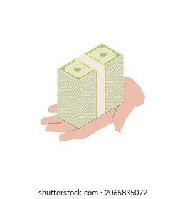 Credit score mortgage loan isometric composition with stack of banknotes on human hand vector illustration