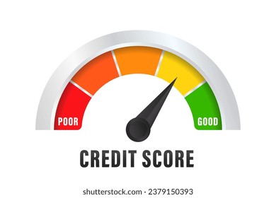 Credit score narrow gauge speedometer indicator with color levels. Measurement from poor to excellent rating for credit or mortgage loans concept. Credit rating performance design. Vector illustration