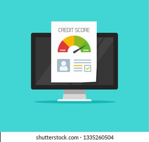 Credit score online report document on computer, flat cartoon digital ranking loan record on pc