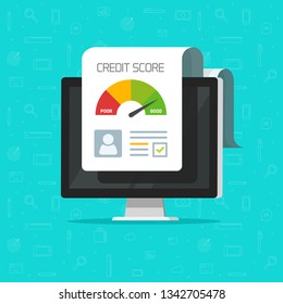 Credit Score Online Report Document On Computer Screen, Flat Cartoon Digital Good History Ranking Loan Record On Pc Display, Modern Icon Isolated