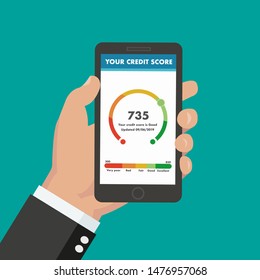 	
Credit Score Online Report Document On Smartphone, Flat Cartoon Digital Good History Ranking Loan Record On Mobile Phone Display.