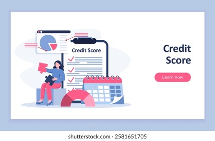 Credit score poster. Woman with laptop sitting near clipboard and calendar. Financial literacy, budgeting and accounting. Debt and loan. Landing webpage design. Flat vector illustration