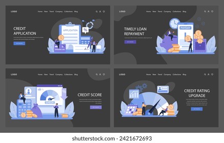 Credit Score Process Illustration Set. From the initial credit application to timely loan repayments and credit rating upgrades, capture the financial journey. Flat vector illustration