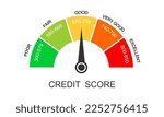 Credit score ranges icon. Loan rating scale with levels from poor to excellent. Fico report dashboard with arrow isolated on white background. Financial capacity assessment. Vector flat illustration.