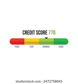 Credit score ranges icon. Loan rating scale with levels from poor to excellent. Fico report dashboard with arrow isolated on white background. Financial capacity assessment. Vector flat illustration