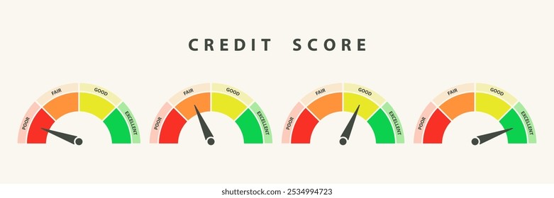 Ícone de faixas de pontuação de crédito definido. Escala de classificação de empréstimos com níveis de ruim a excelente. Seta apontando para cada conjunto de níveis