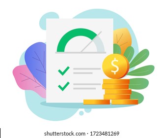 Credit score rank report paper document with money or financial loan personal history and good data assessment vector flat, finance rating inspection form or investigation statistics record icon