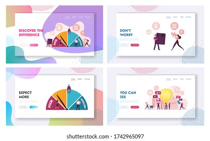 Credit Score Rating and Brand Awareness Landing Page Template Set. Creditworthiness for Loan, Mortgage and Payment Card. Characters Choose Credit, Attract Buyers. Cartoon People Vector Illustration