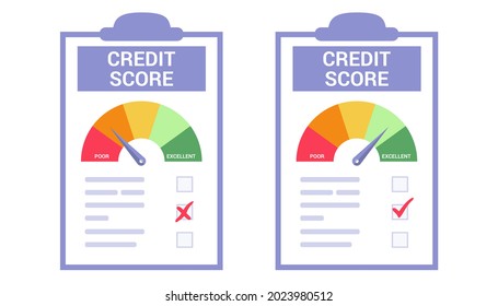 Credit score or rating concept in flat vector illustration Rejected and approved credit score gauge speedometer indicator levels paper Payment history Loan history meter Scale credit worthiness report