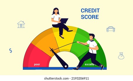 Credit score or rating concept in flat vector illustration Scale changing credit information from poor to good, excellent Payment history data meter Loan history meter or scale creditworthiness report