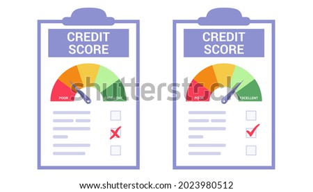 Credit score or rating concept in flat vector illustration Rejected and approved credit score gauge speedometer indicator levels paper Payment history Loan history meter Scale credit worthiness report