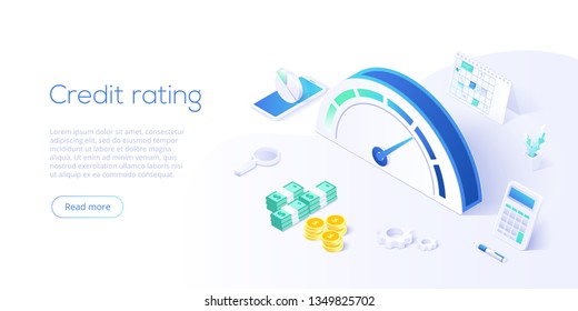 Credit score or rating concept in isometric vector illustration. Loan history meter or scale for creditworthiness report. Web banner layout template.