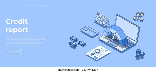 Puntuación de crédito o concepto de calificación en ilustración vectorial isométrica. Página de inicio con portátil, informe de formulario de impuestos. plantilla de diseño de banners web