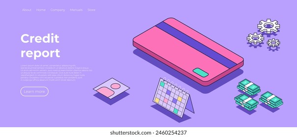 Credit score or rating concept in isometric style vector illustration. Loan history meter, scale for creditworthiness report. Landing page for credit report theme. Positive rating. Vector illustration