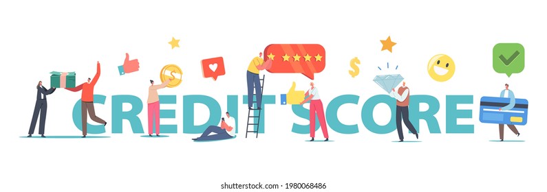 Credit Score Rating Concept. Tiny Characters with Huge Pile of Banknotes, Credit Card, Brilliant, Banking Service, Clients Creditworthiness Poster, Banner or Flyer. Cartoon People Vector Illustration