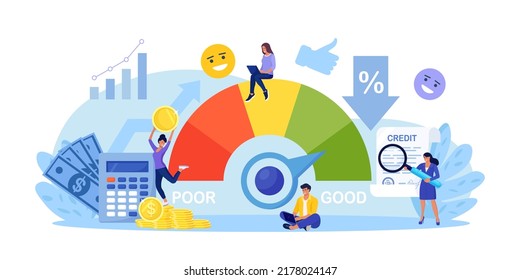 Credit score, rating. People examining client creditworthiness report with credit history. Bank analysts evaluating ability of prospective debtor to pay debt. Payment history data meter. Loan, mortage