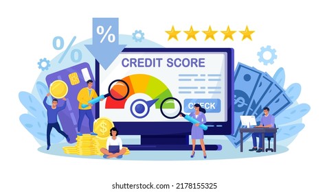 Credit Score, Rating. People Examining Client Creditworthiness Report With Credit History . Bank Analysts Evaluating Ability Of Prospective Debtor To Pay Debt. Payment History Data Meter. Loan Mortage