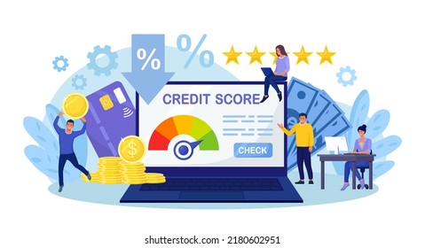 Credit score, rating. People examining client creditworthiness report with credit history . Bank analysts evaluating ability of prospective debtor to pay debt. Payment history data meter. Loan mortage