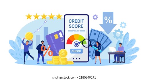 Credit Score, Rating. People Examining Client Creditworthiness Report With Credit History . Bank Analysts Evaluating Ability Of Prospective Debtor To Pay Debt. Payment History Data Meter. Loan Mortage