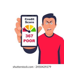 Credit Score rating. Poor online Credit Score rating. Smartphone in the hand of a sad man. Vector illustration flat design. Isolated on white background. 