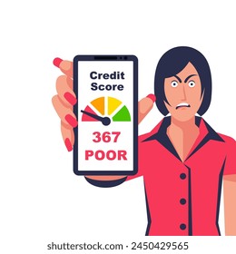 Credit Score rating. Poor online Credit Score rating. Smartphone in the hand of a sad woman. Vector illustration flat design. Isolated on white background. 