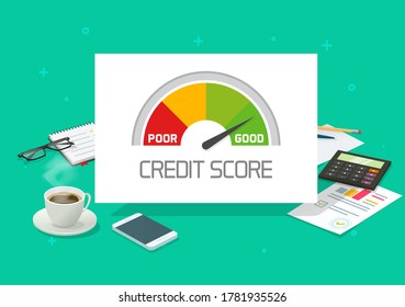 Credit score rating report analysis check or financial history accounting information concept vector flat cartoon illustration, loan quality good rate data on working desk office research modern