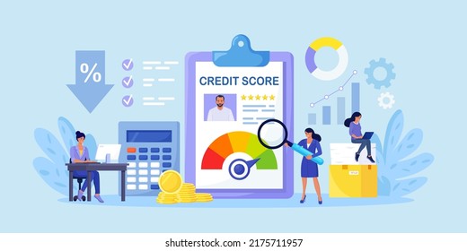 Credit Score, Rating. Women Examining Client Creditworthiness Report With Credit History . Bank Analysts Evaluating Ability Of Prospective Debtor To Pay Debt. Payment History Data Meter. Loan, Mortage