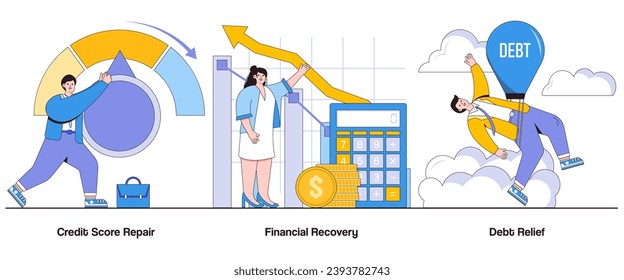 Credit score repair, financial recovery, debt relief concept with character. Credit repair abstract vector illustration set. Financial rejuvenation, debt rehabilitation, credit rebuilding metaphor.