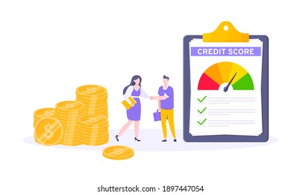 Credit score report with arrow gauge speedometer indicator with color levels on giant clipboard. Measurement from poor to excellent rating with people shaking hands and money coins vector illustration