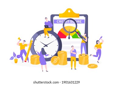 Credit score report with arrow gauge speedometer indicator with color levels on giant clipboard. Measurement from poor to excellent rating with tiny people working together vector illustration.